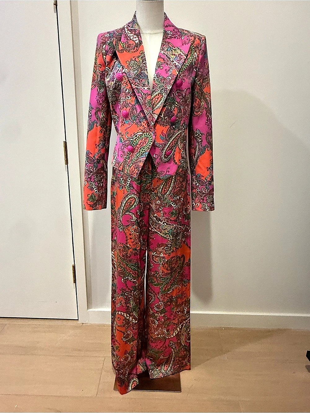 L'AGENCE Pilar 100% Silk Wide-Leg Pant Paisley Pants Pink & Red Size 2